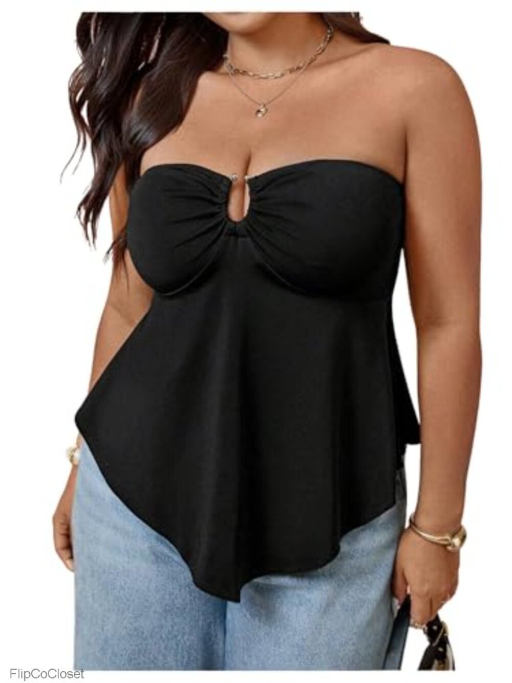 Plus Size Strapless Ruffle Tube Top with Ring Linked Peplum Hem Asymmetrical